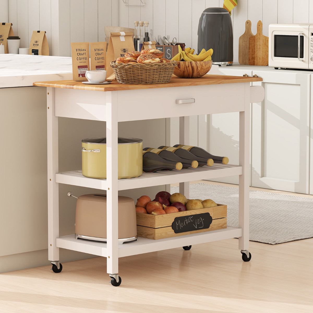 Kitchen Island with Open Shelves and Lockable Casters-White