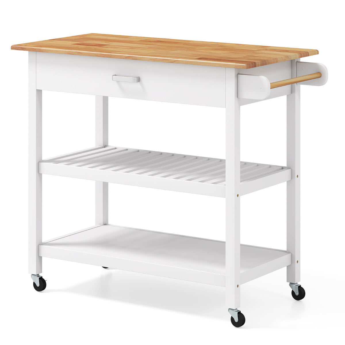 Kitchen Island with Open Shelves and Lockable Casters-White