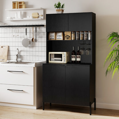 Kitchen Pantry Cabinet with Power Outlets and Wine Racks-Black
