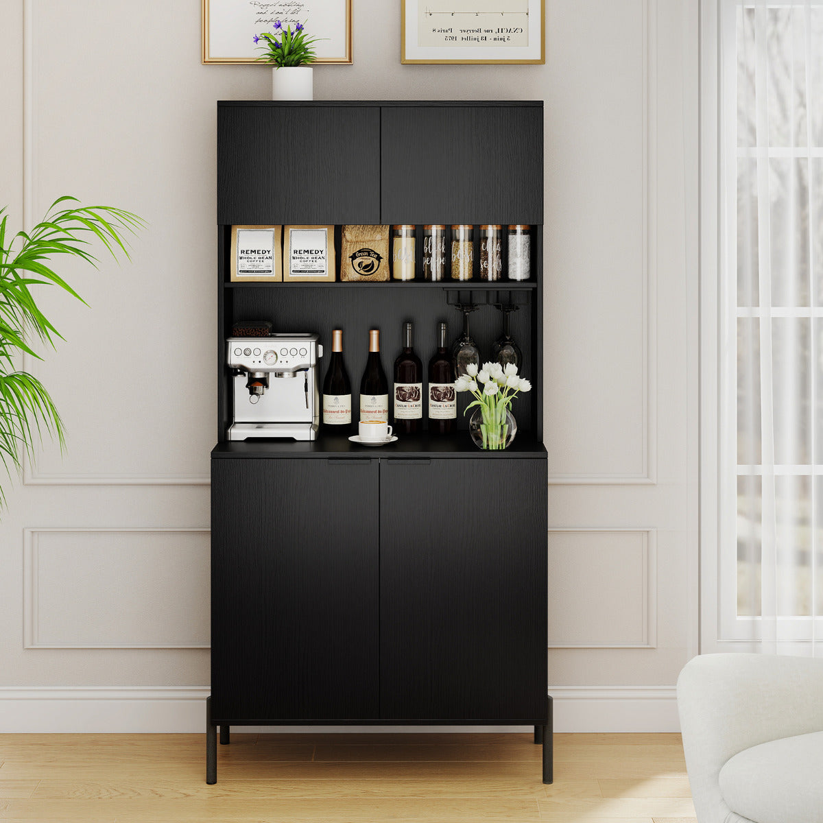 Kitchen Pantry Cabinet with Power Outlets and Wine Racks-Black