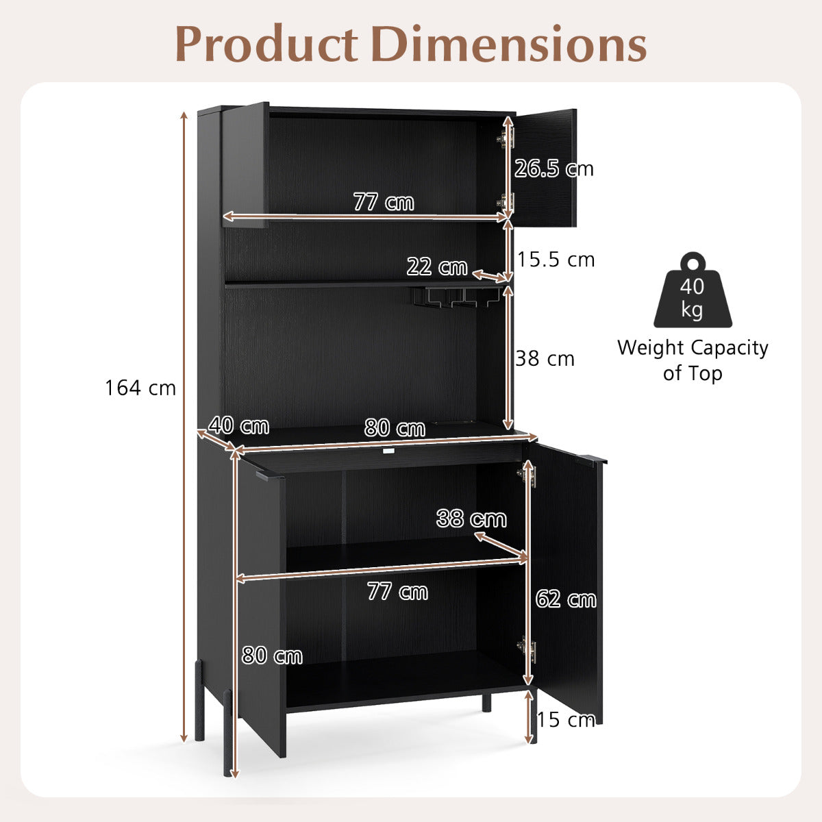 Kitchen Pantry Cabinet with Power Outlets and Wine Racks-Black