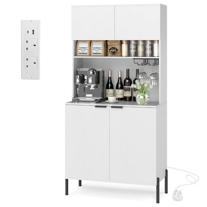 Kitchen Pantry Cabinet with Power Outlets and Wine Racks-White