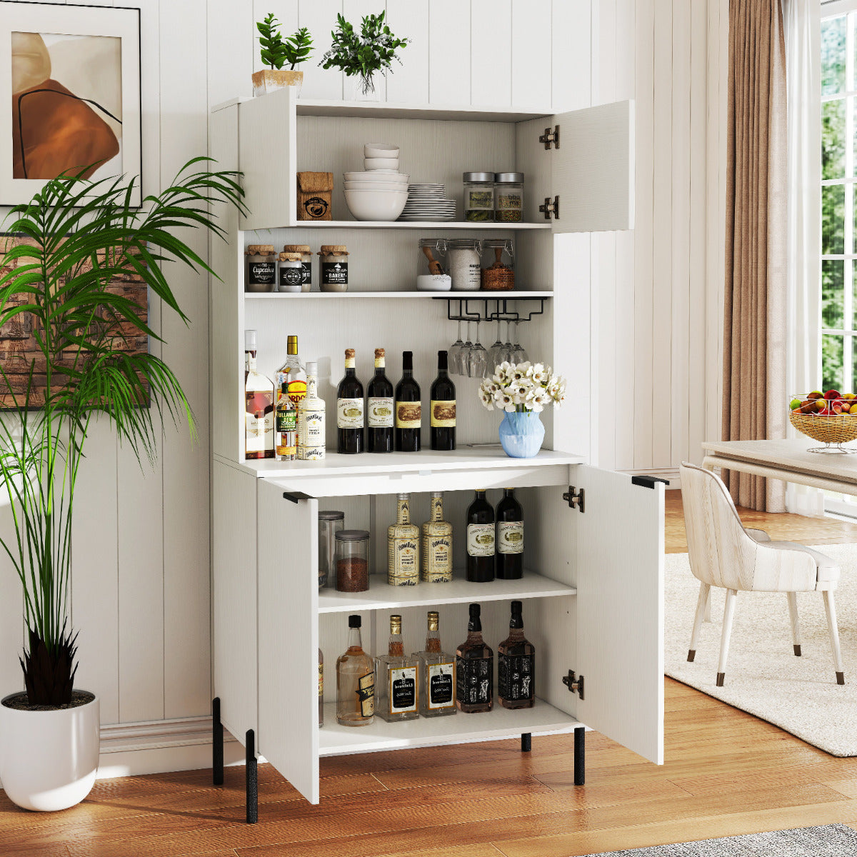 Kitchen Pantry Cabinet with Power Outlets and Wine Racks-White