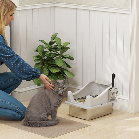 PawHut Stainless Steel Cat Litter Box with High Sides, Metal Scoop, 43 x 33 x 25 cm