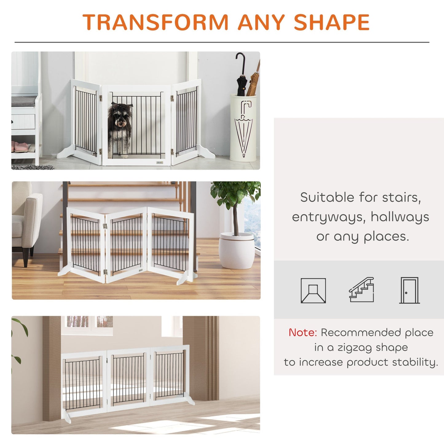 PawHut Foldable Pet Gate, with Three Panels & Two Support Feet - White