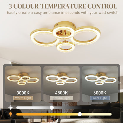 HOMCOM LED Ceiling Light, Modern 4 Rings Ceiling Lamp with Wall Switch Control, 40W 4350lm Flush Mount Ceiling Light with 3500K/4500K/6000K Colour Temperatures for Living Room, Bedroom, Gold Tone