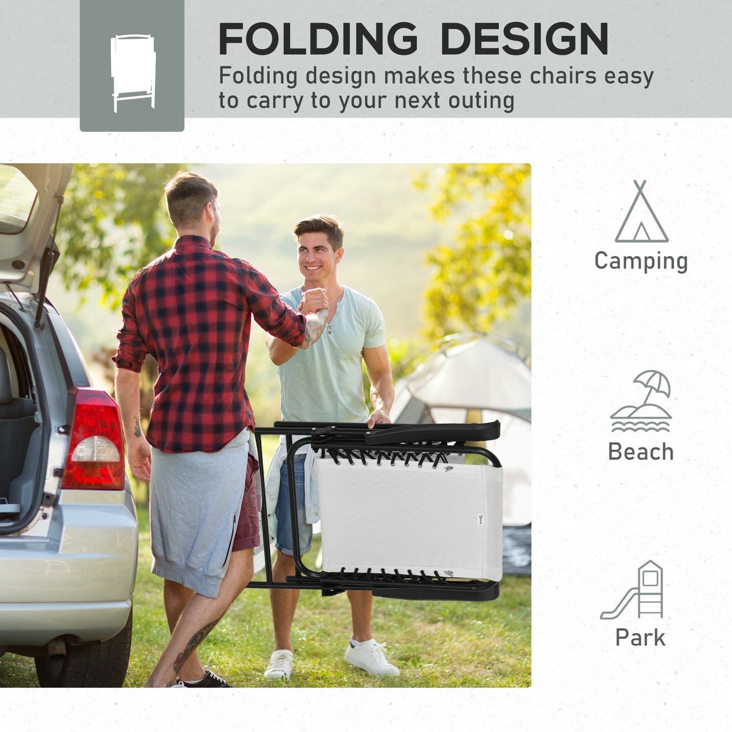 Outsunny  Pieces Patio Folding Chair Set, Outdoor Portable Loungers for Camping Pool Beach Deck, Lawn Chairs with Armrest Steel Frame, Cream White