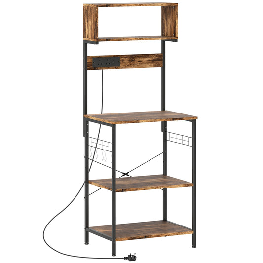 HOMCOM Bakers Rack with Power Outlet, USB Charger, Microwave Stand with Adjustable Shelves, 5 Hooks for Small Spaces, Kitchen Storage Unit for Spices, Pots and Pans, Rustic Brown