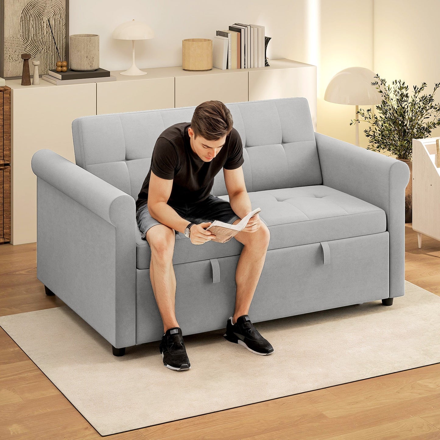 HOMCOM Two-Seater Velvet-Feel Sofa Bed - Grey