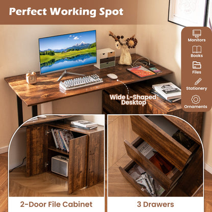 L-Shaped Desk with File Cabinet and Power Outlet-Black and Brown