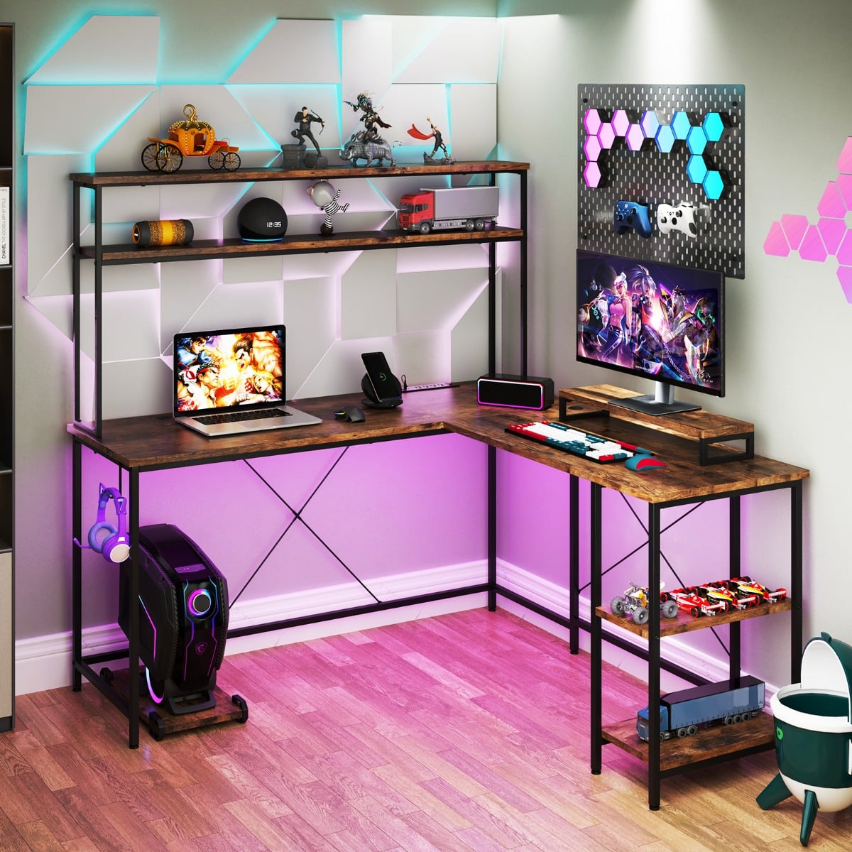 L-Shaped Gaming Desk with LED Strip and Power Outlets-Rustic Brown