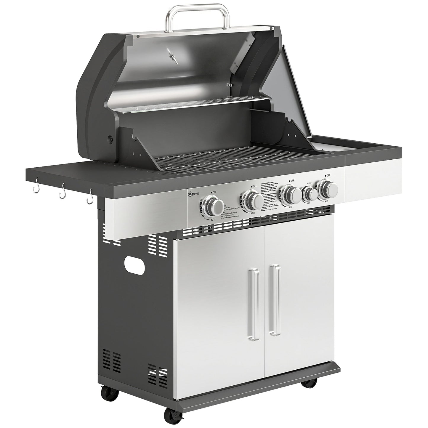Outsunny 4+1 Burner Gas BBQ Grill, Portable Gas Barbecue Grill with Side Burner, Warming Rack, Side Shelf, Storage Cabinet