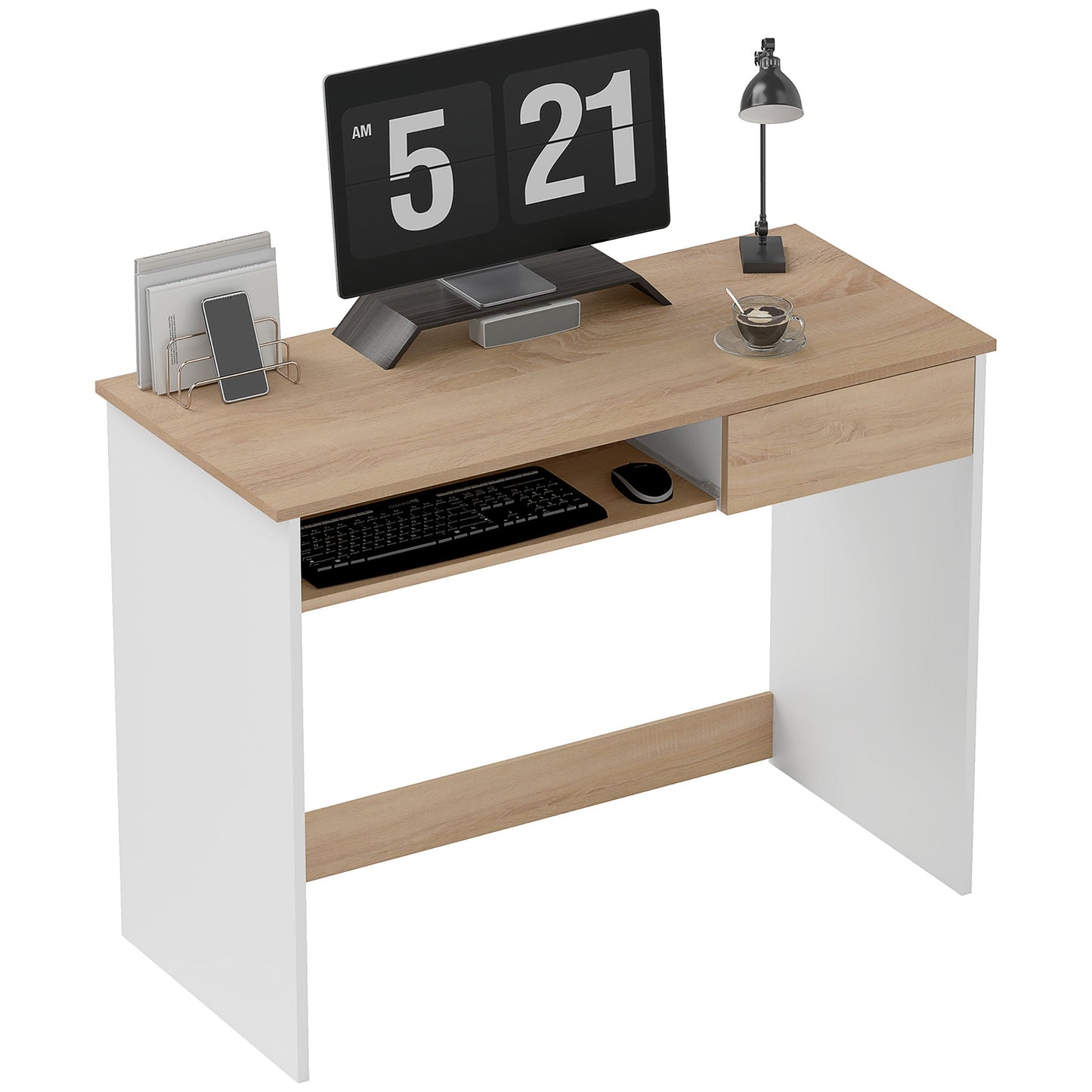 HOMCOM 100cm Compact Computer Desk with Keyboard Tray, Home Office Desk with Drawer for Bedroom Study, Oak