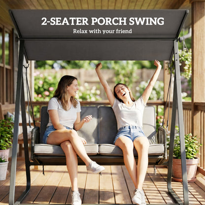 Outsunny 2-Seater Rattan Swing Chair, Outdoor Garden Hanging Swing Seat with Stand, Adjustable Canopy and Soft Cushions