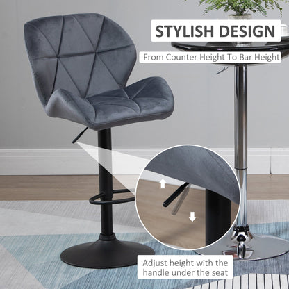 HOMCOM Adjustable Bar Stools Set of 2, Armless Upholstered Swivel Counter Chairs, Barstools with Back, Footrest, Dark Grey