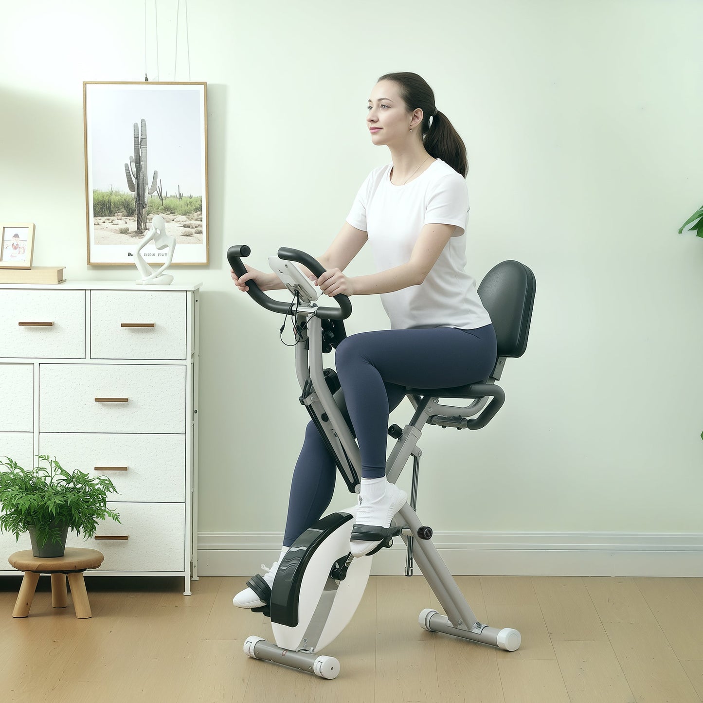 SPORTNOW Five-in-one Foldable Exercise Bike, Stationary Bike with Arm Workout Bands, LDC Monitor, Phone Holder, White
