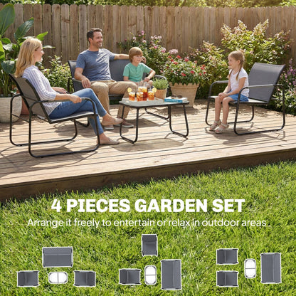 Outsunny 4 Piece Garden Furniture Set, Garden Sofa Set with Loveseat, 2 Armchairs, Tempered Glass Table for Balcony, Grey