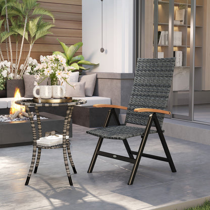 Outsunny Folding Rattan Garden Dining Chair with 5-level Reclining High Back, Wood Armrests for Outdoor, Patio - Mixed-grey
