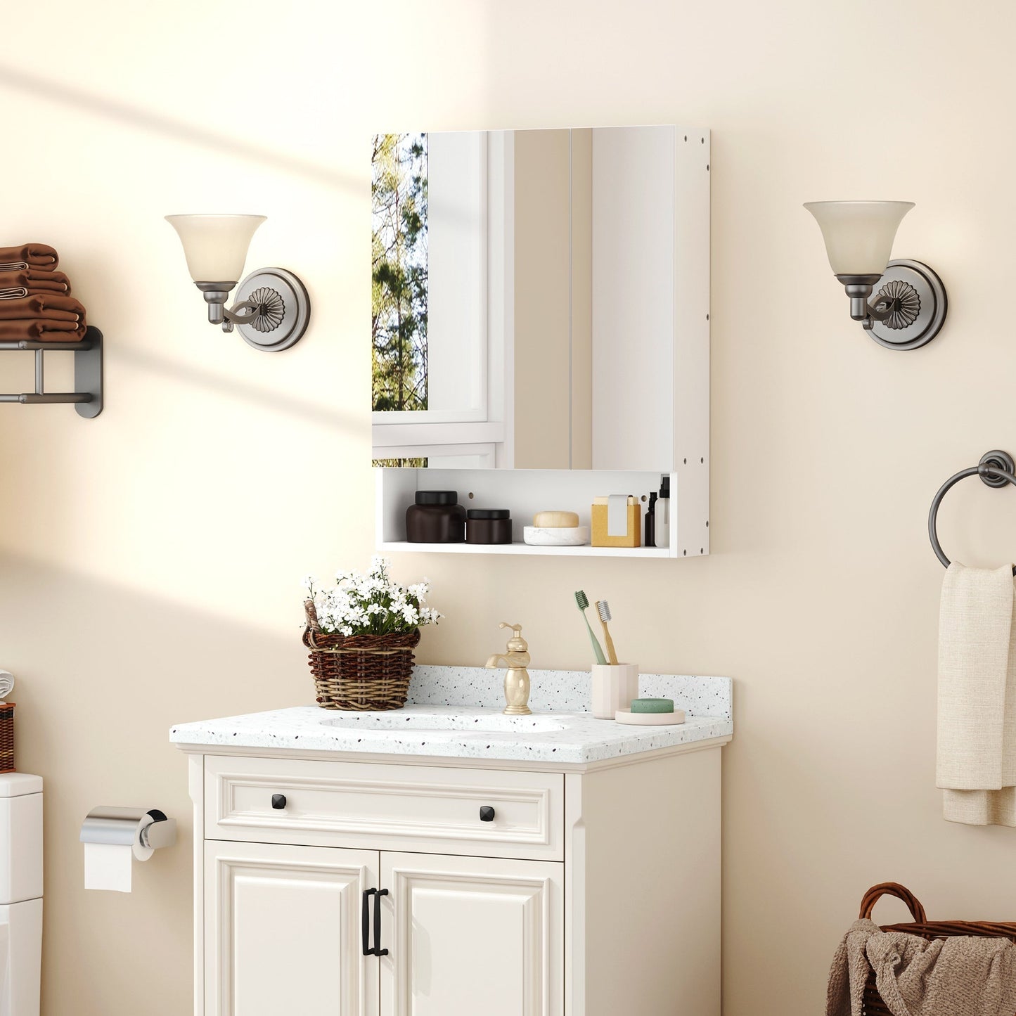 kleankin Bathroom Cabinet with Mirror, Wall Mounted Bathroom Mirror Cabinet with Adjustable Shelf, 2 Doors Storage Cupboard, White