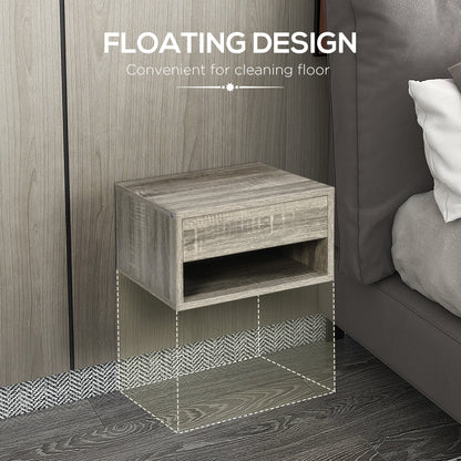 HOMCOM Set of Two Floating Bedside Tables Wall Mounted Nightstands with Drawer and Shelf for Bedroom, Brown Wood-Effect