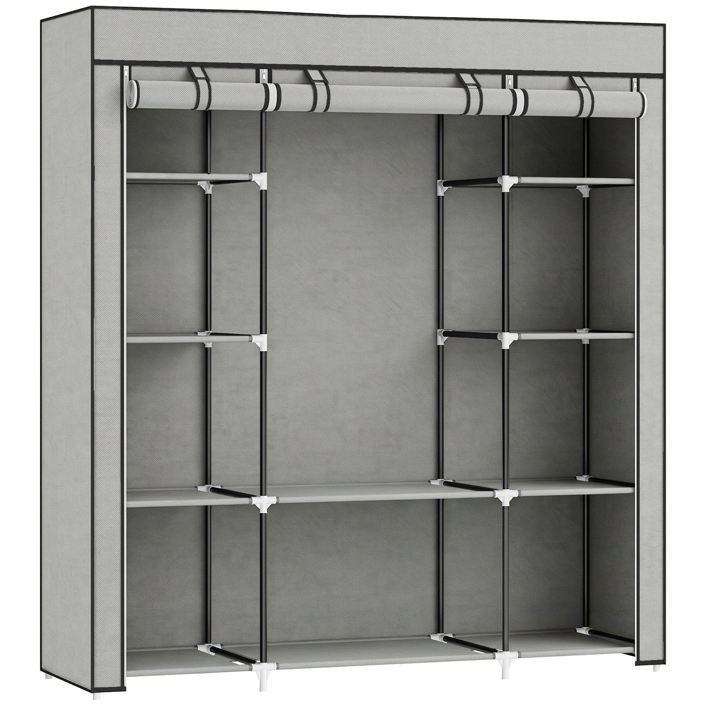 HOMCOM Clothes Storage Organiser with Hanging Rail, Shelves, Portable Wardrobe, Foldable Fabric Wardrobe, Light Grey