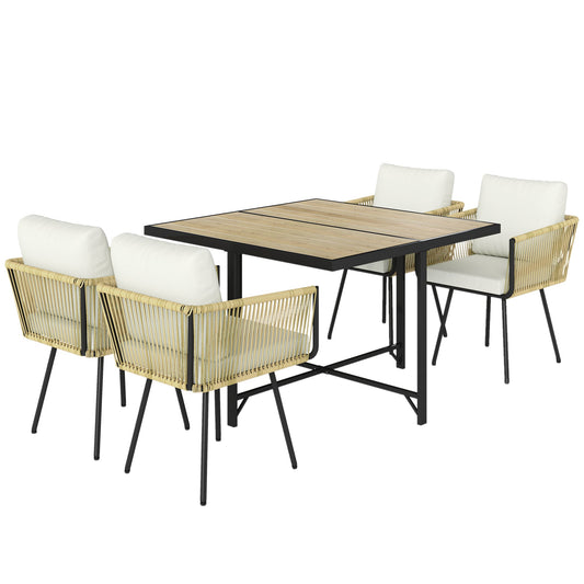 Outsunny 5 Piece Garden Furniture Set, Garden Dining Set with Wood-Plastic Table and 4 Stackable Chairs, Beige