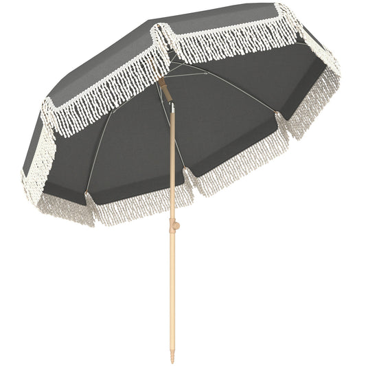 Outsunny 1.7 m Beach Umbrella with Sand Anchor, 30Â° Tilting Fringed Beach Garden Parasol with Adjustable Height, Grey