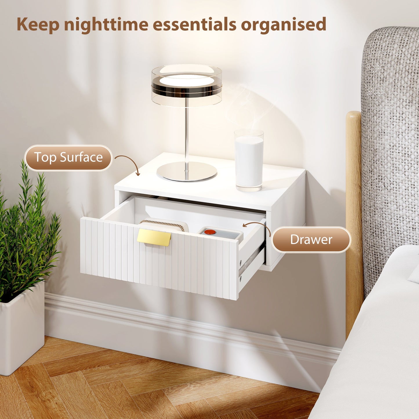 HOMCOM Modern Floating Nightstands Set of 2, Wall Mounted Bedside Tables with Wave Drawer White