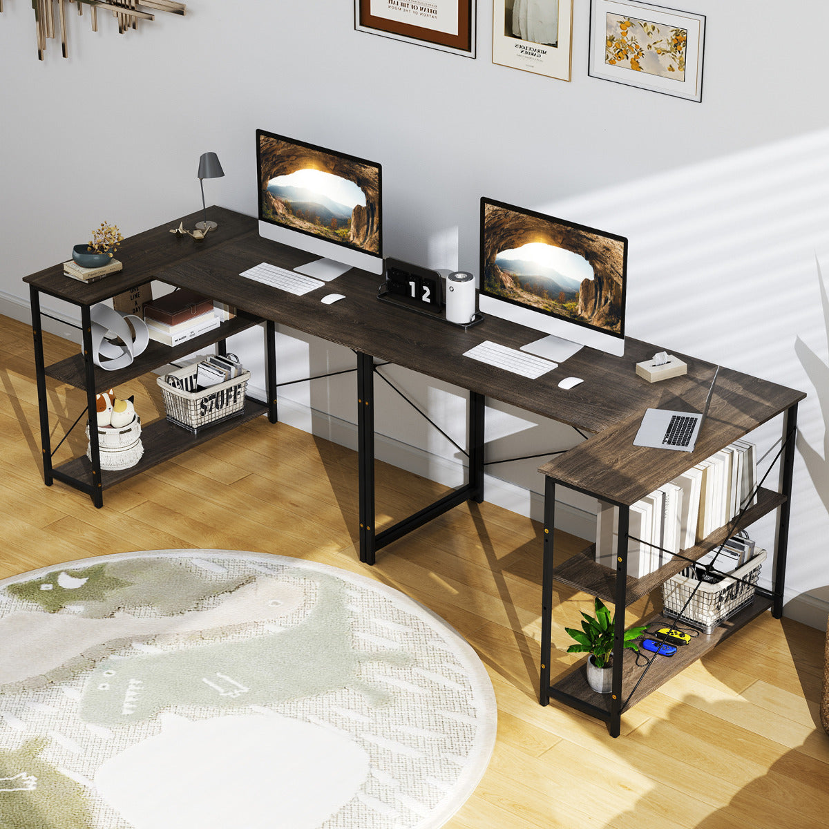 L-shaped Computer Desk Reversible Corner Desk with Adjustable Shelf-Grey