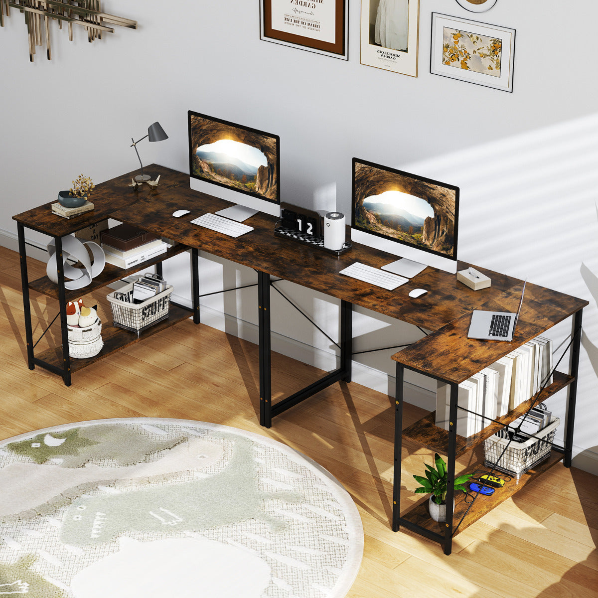 L-shaped Computer Desk Reversible Corner Desk with Adjustable Shelf-Rustic Brown