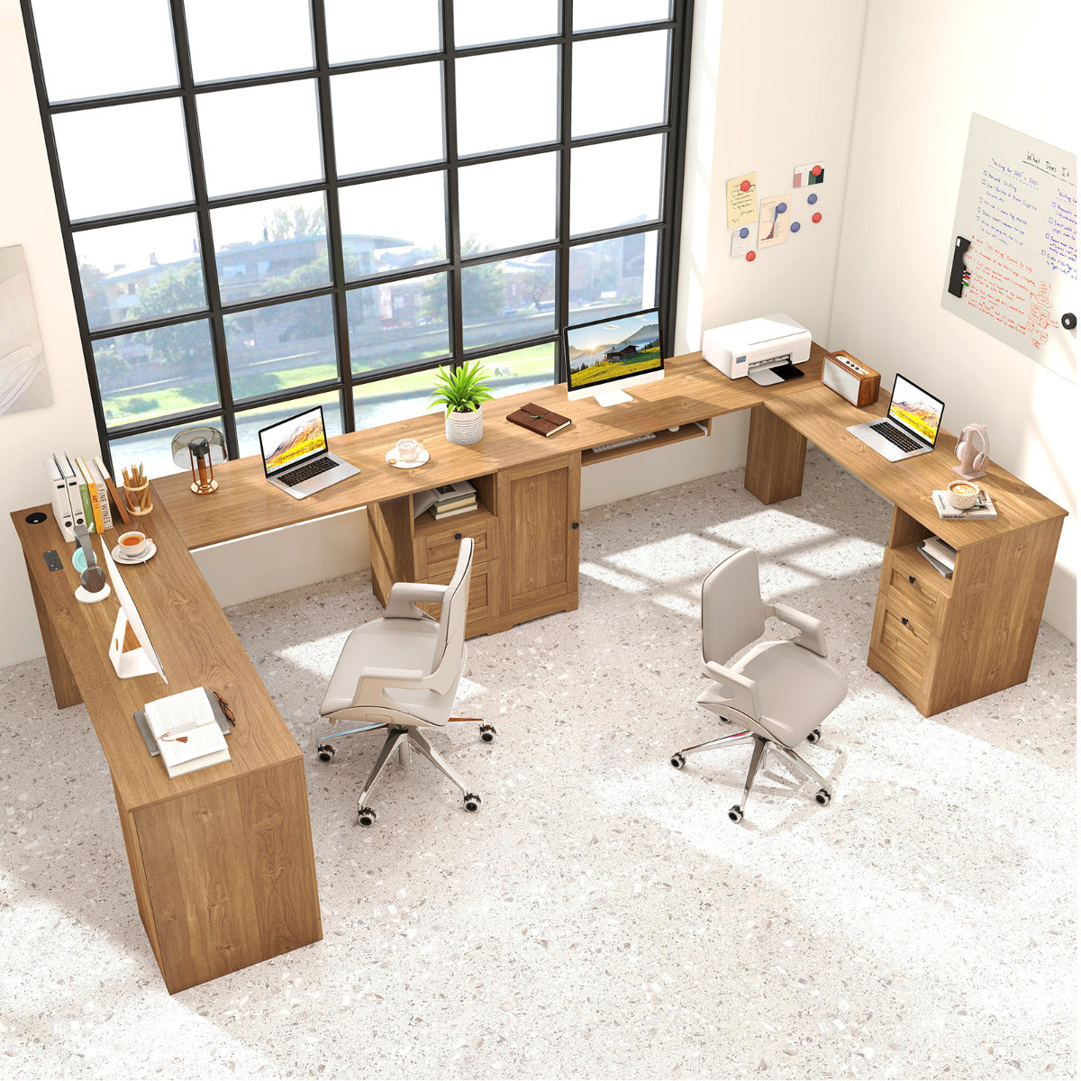 L-shaped Computer Desk with Power Outlets and 2 Storage Drawers-Natural