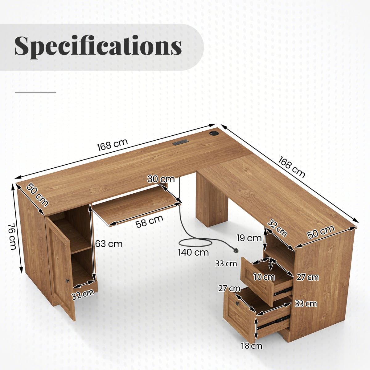L-shaped Computer Desk with Power Outlets and 2 Storage Drawers-Natural