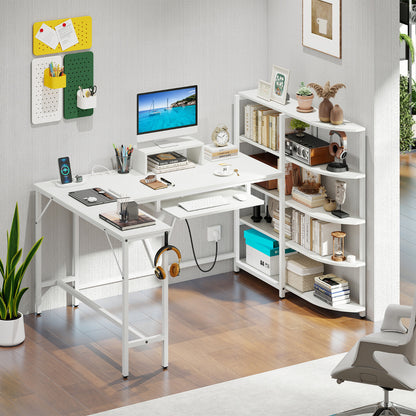 L Shaped Desk with Storage Shelves Corner Computer Desk with Charging Station-White