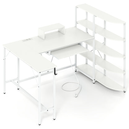 L Shaped Desk with Storage Shelves Corner Computer Desk with Charging Station-White