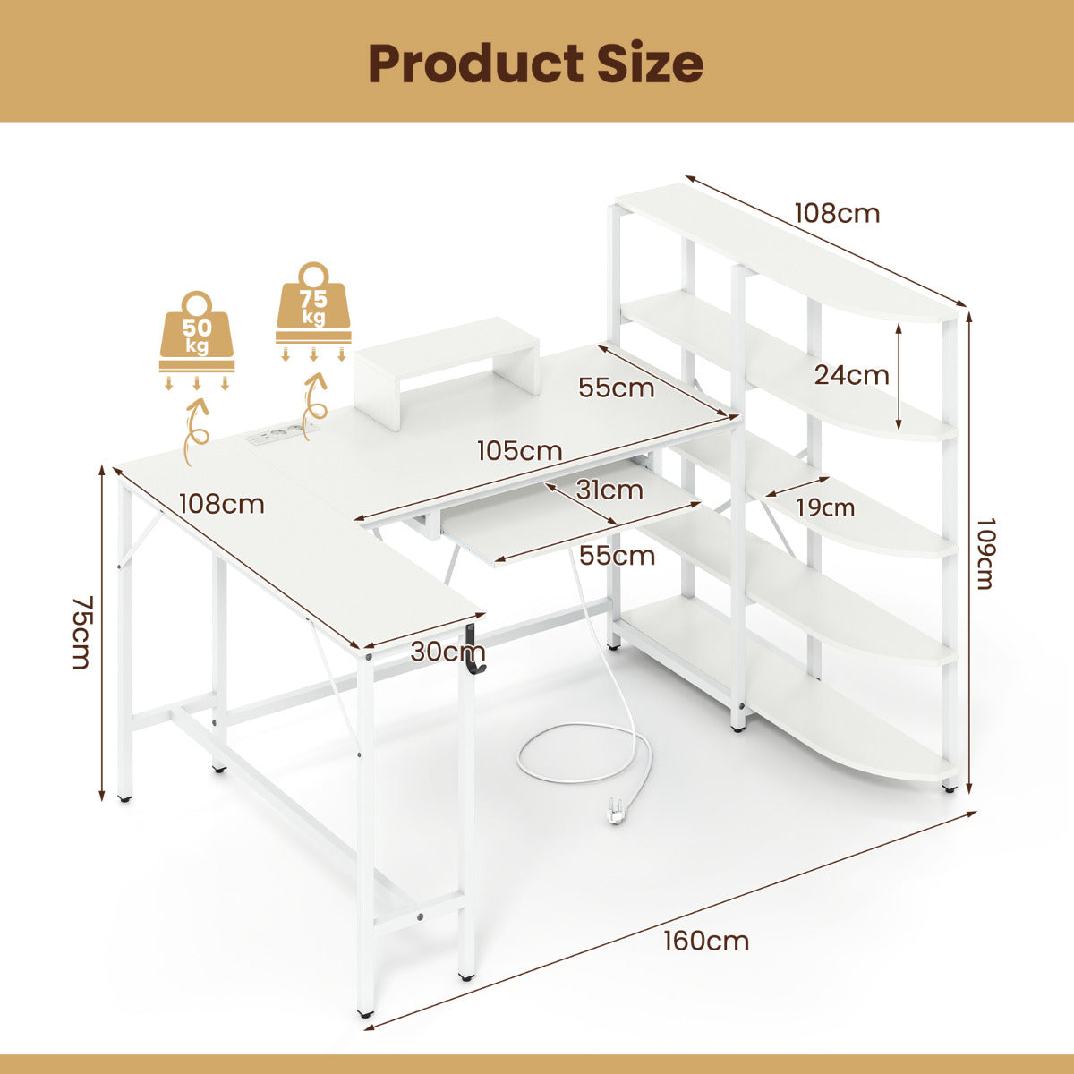L Shaped Desk with Storage Shelves Corner Computer Desk with Charging Station-White