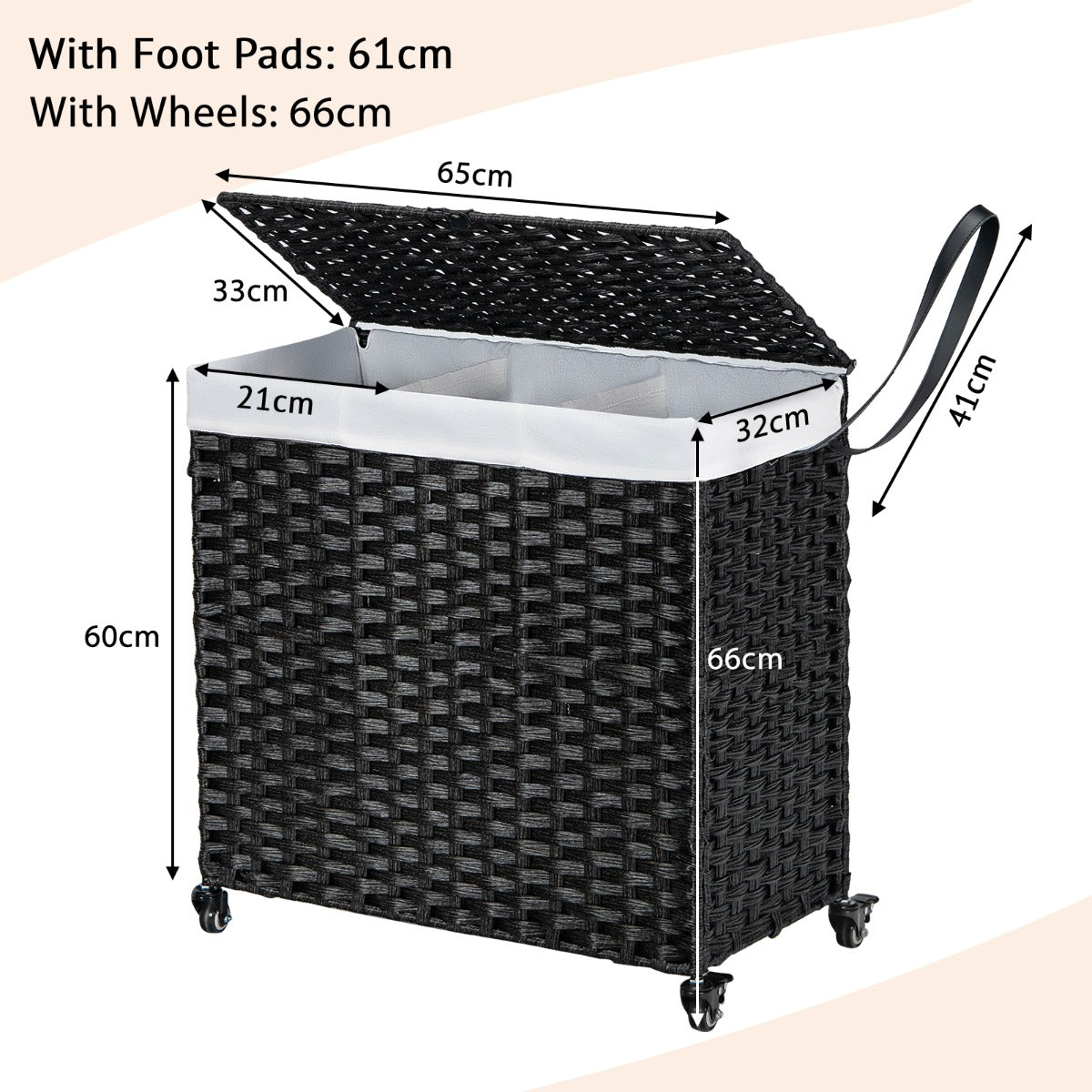 Laundry Hamper with Lid and Wheels and 2 Removable and Washable Liner Bags-Black