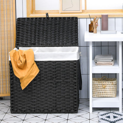Laundry Hamper with Lid and Wheels and 2 Removable and Washable Liner Bags-Black