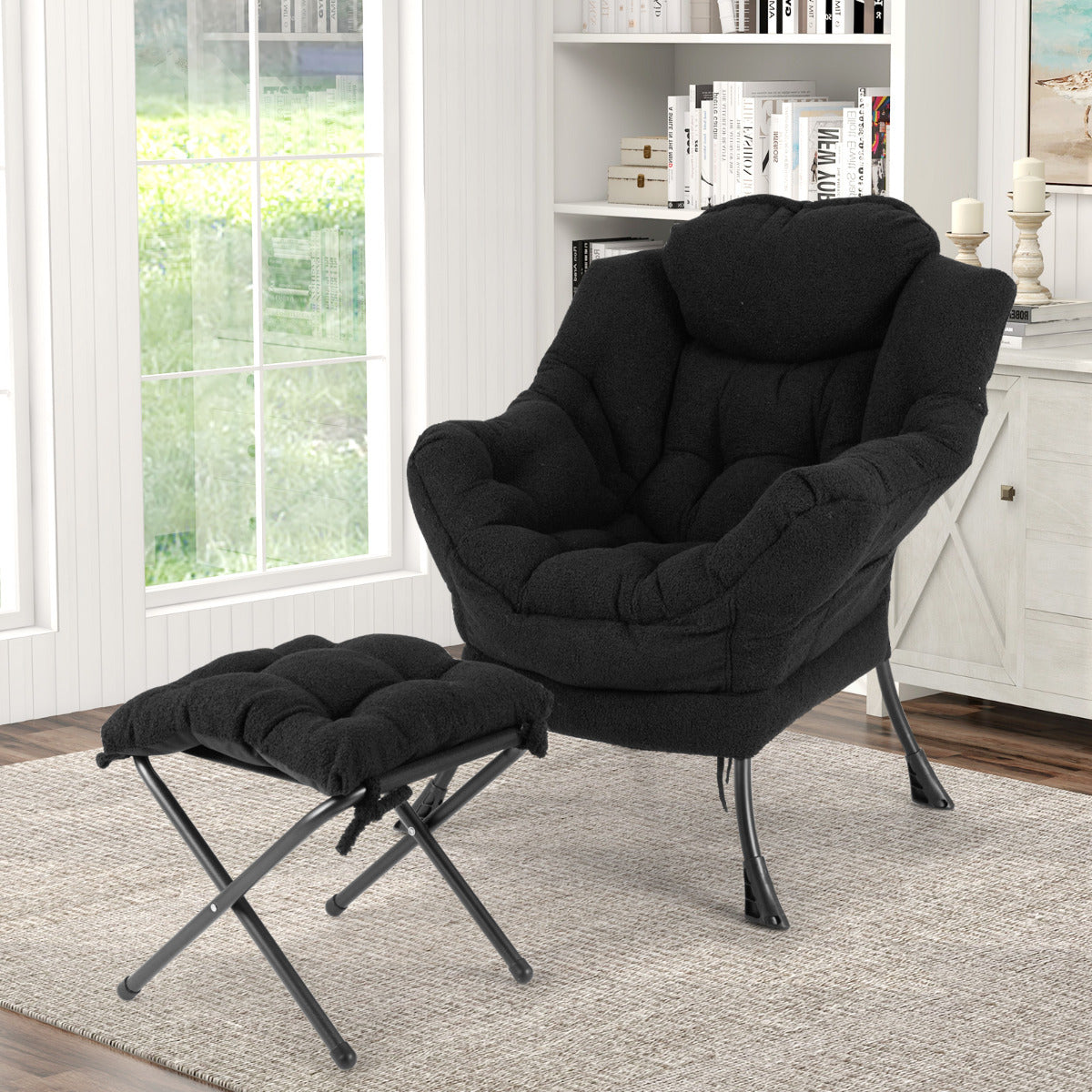 Lazy Chair with Ottoman and Folding Footrest for Living Room-Black