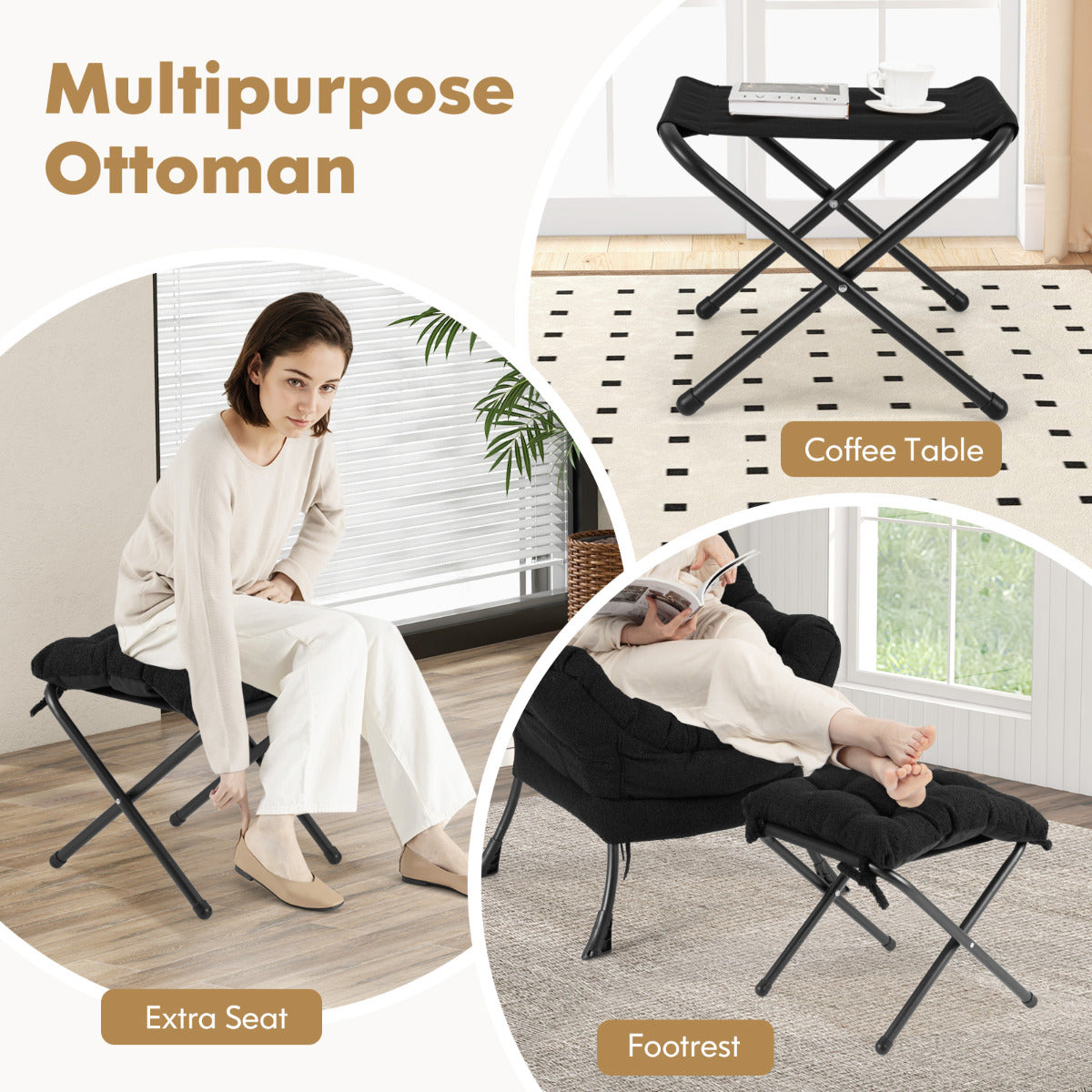 Lazy Chair with Ottoman and Folding Footrest for Living Room-Black
