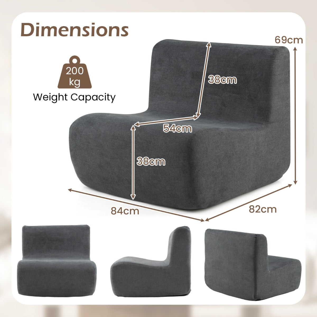 Lazy Floor Sofa Chair with Soft Velvet and Ergonomic Support-Grey