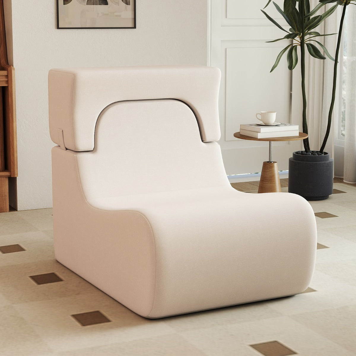 Lazy Sofa with Detachable Headrest and Washable Ice Velvet Cover-Beige