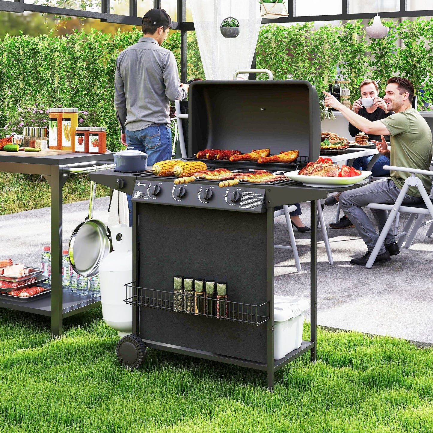 Outsunny 4+1 Burner Gas BBQ Grill, Portable Gas Barbecue Grill with Built-in Thermometer, Lid, Side Table, Shelf, Spice Rack, Wheels, Grease Cup for Garden Party Outdoor Cooking, Black