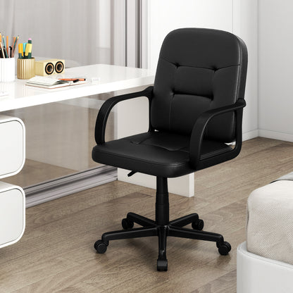 Leather Office Chair PU Upholstered Swivel Chair with Ergonomic Back and Curved Armrests-Black