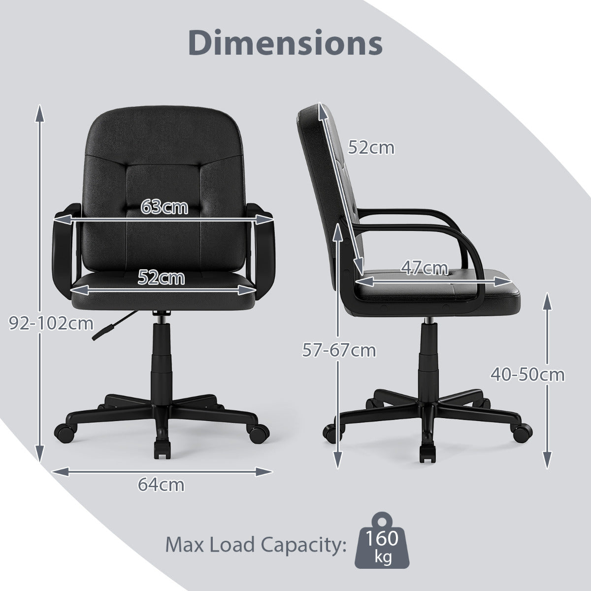 Leather Office Chair PU Upholstered Swivel Chair with Ergonomic Back and Curved Armrests-Black