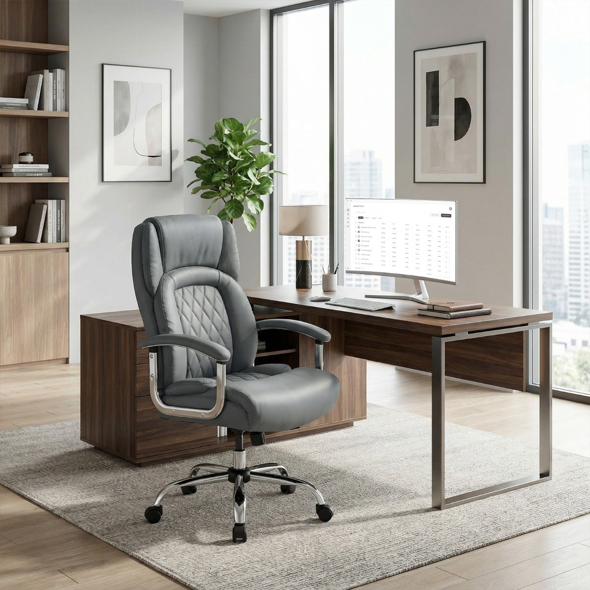 Leather Office Chair with Rocking Mode and Armrests-Grey