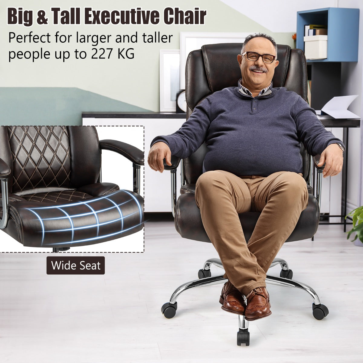 Leather Office Chair with Rocking Mode and Armrests-Brown