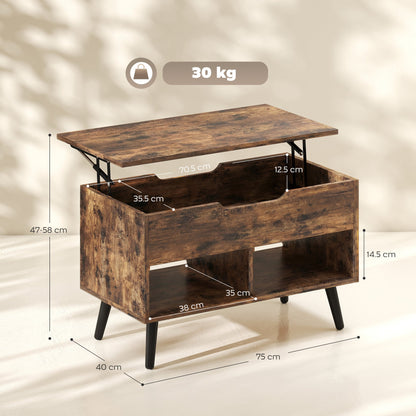 HOMCOM Lift Top Coffee Table with Hidden Storage Living Room Table Metal Legs 75 cm Rustic Brown