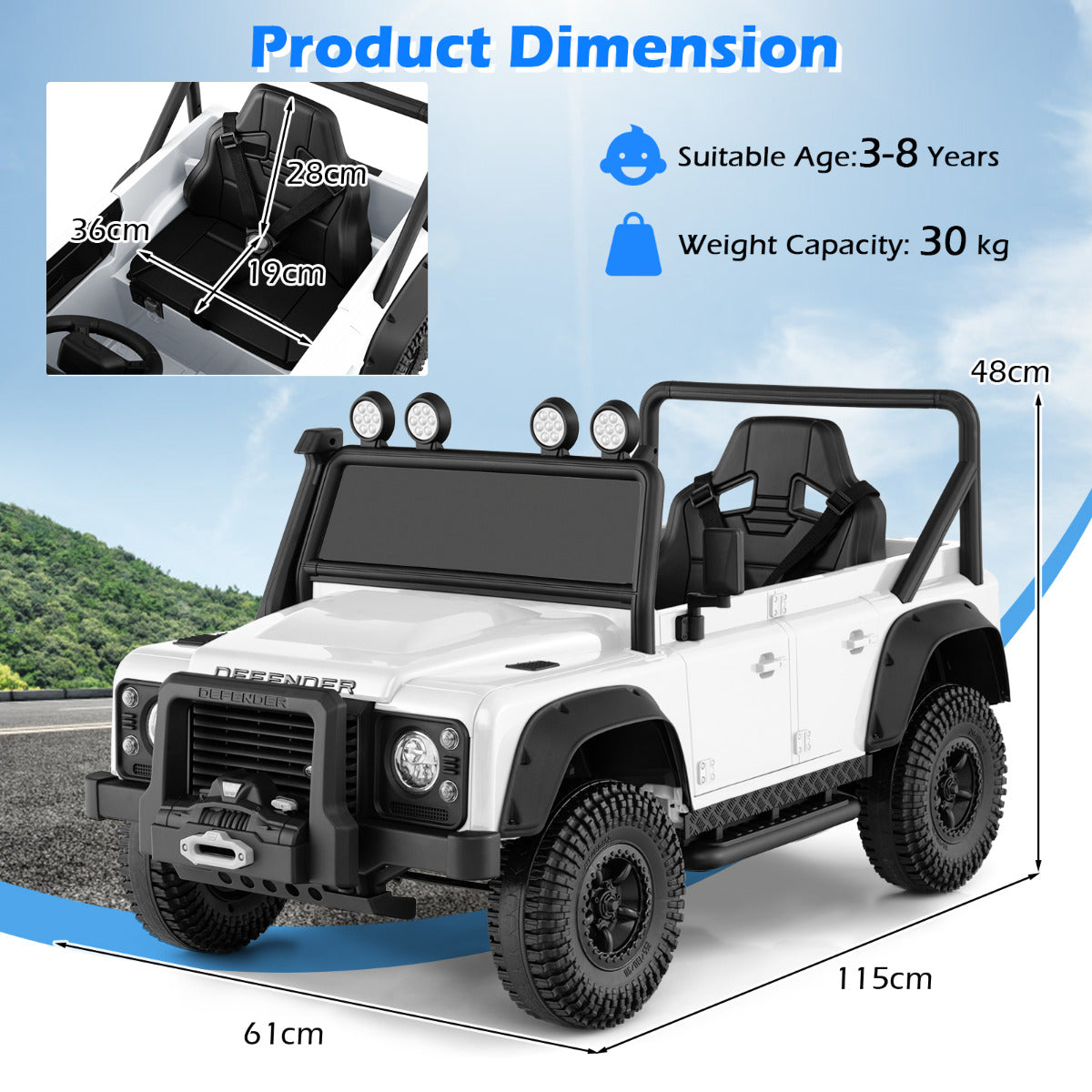 Licensed Land Rover Defender 12V Ride On Toy Car with Parent Remote Control -White