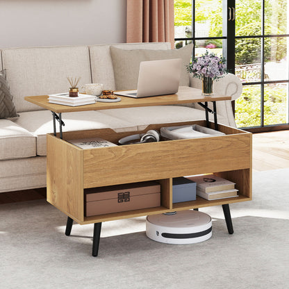 Lift Top Coffee Table with Hidden Compartment and Open Storage Shelves-Natural