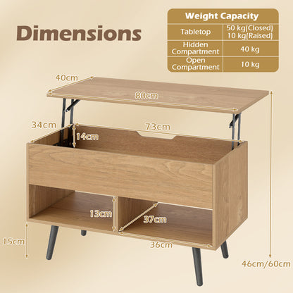 Lift Top Coffee Table with Hidden Compartment and Open Storage Shelves-Natural